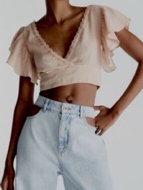 Linen Blend Lace Trim Puff Sleeve Crop Top Zara Mango One Tree Urban Outfitters